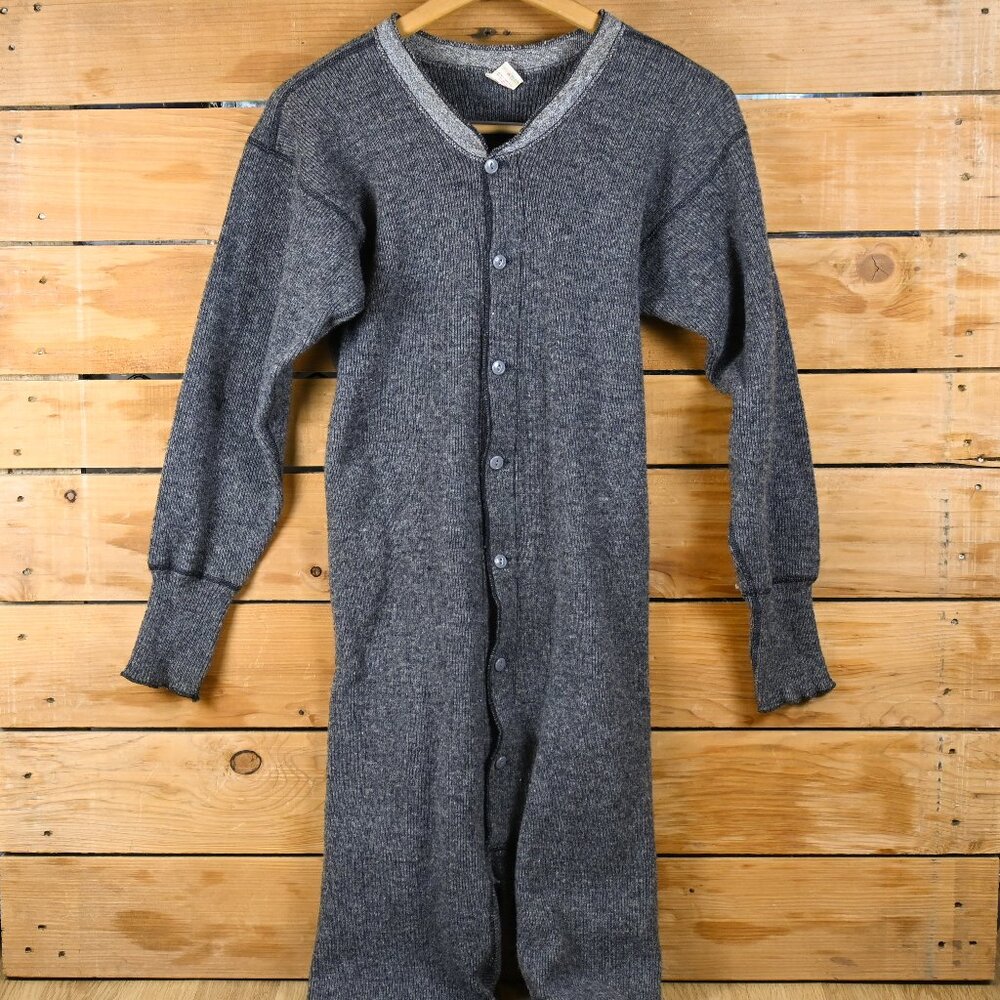 Vintage 60s 100% Wool Long Johns Union Suit in Gray - Size LG Made in Canada